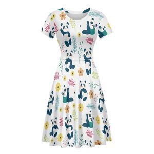 7478 Panda Dress Summer Short Sleeve Midi Dresses Plus Size Cute Print
